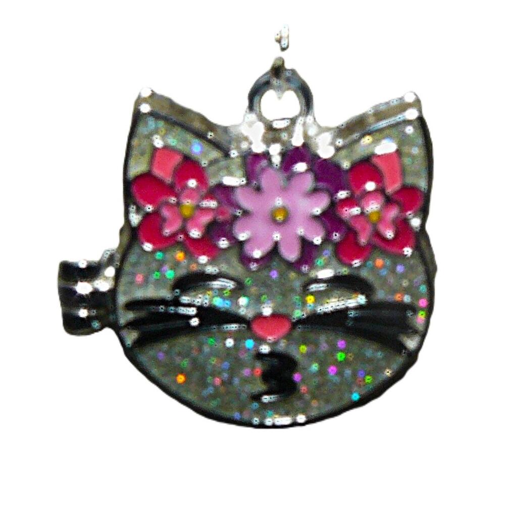 Hello Kitty Cat Locket Necklace Glitter Floral Enamel Acct Silver-Tone Chain Adj